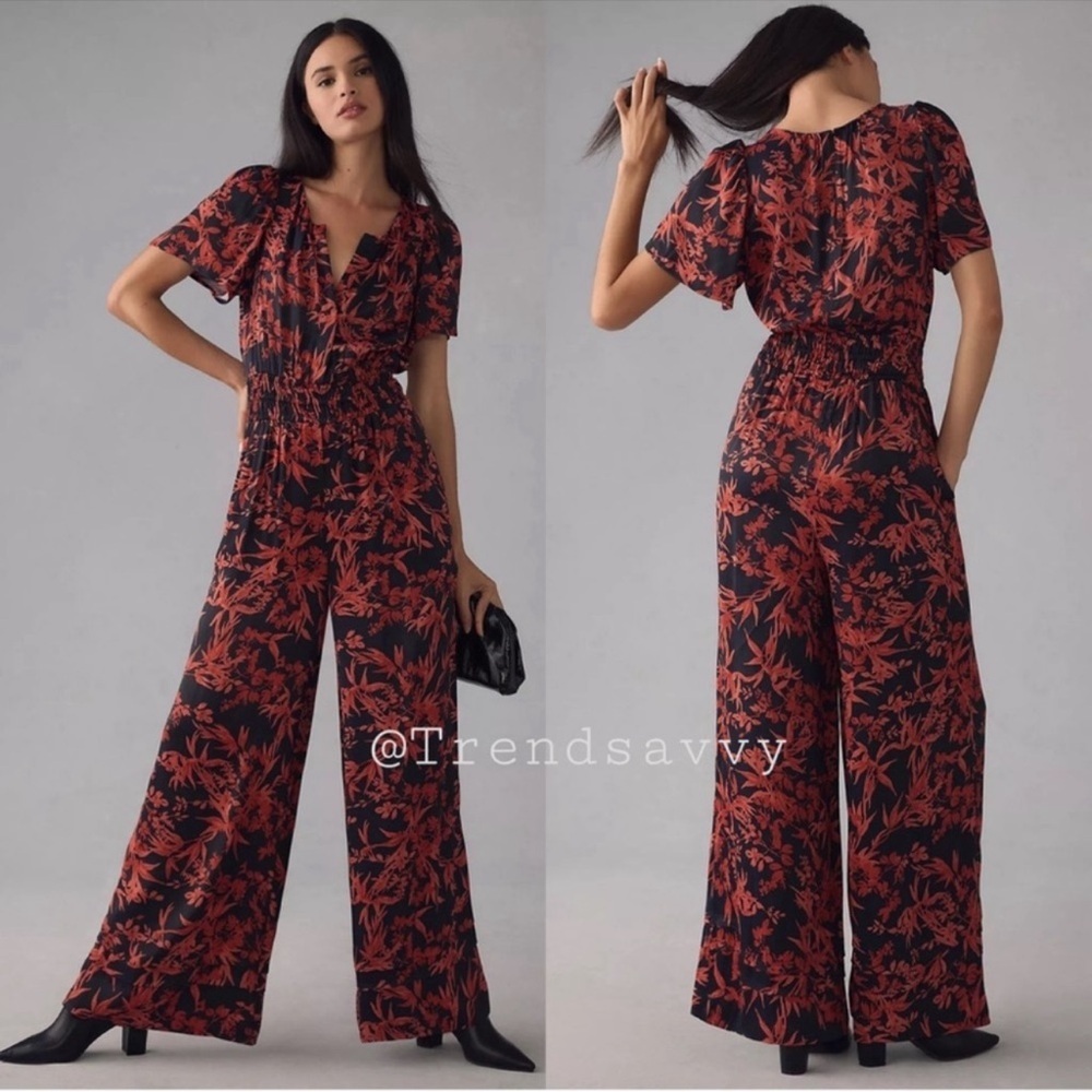 Anthropologie Somerset Floral Wide Leg Jumpsuit Black Red Size Small NWT